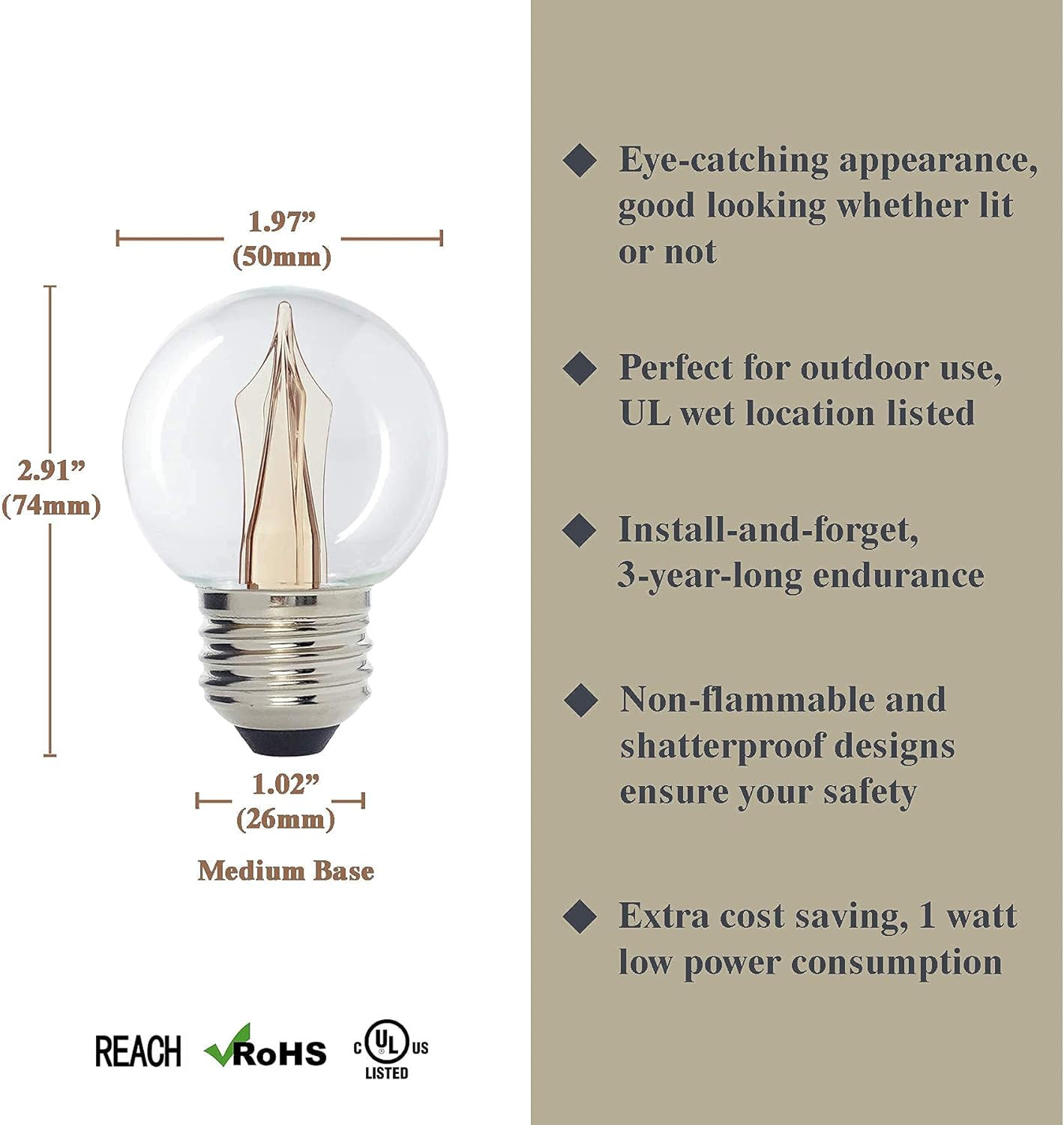 Scoreboard / Christmas Lighting G50 LED Decorative Bulb, Warm White 2400K, Outdoor Waterproof Shatterproof, 1 W Low Wattage (10W Equivalent), E26 Medium Base, 25 Pack
