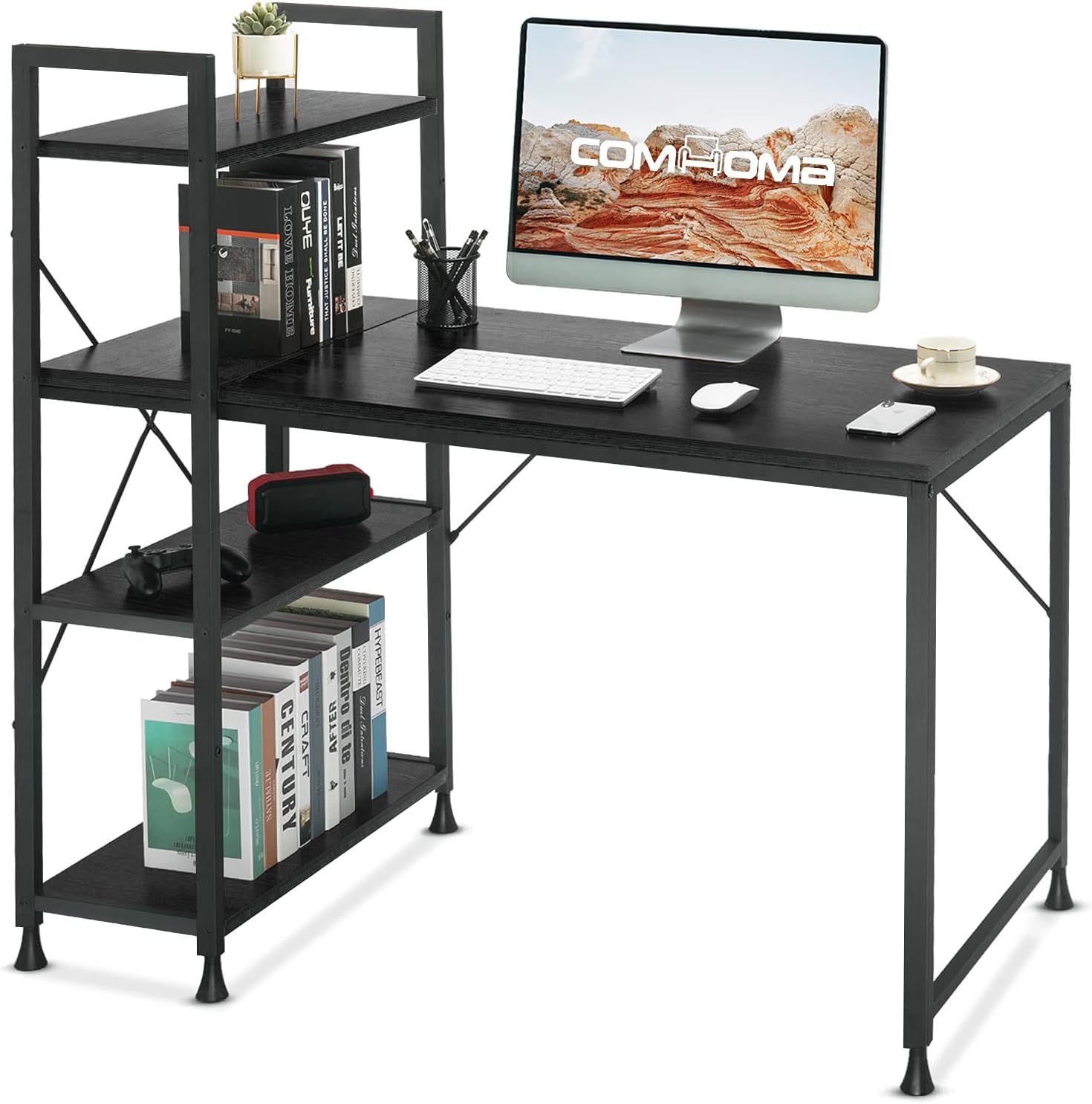 Comhoma Computer Desk with Storage Shelves 47 Inch Home Office Desk with Reversible Bookshelf Study Writing Table Corner Desk for Small Space Easy Assemble, Black