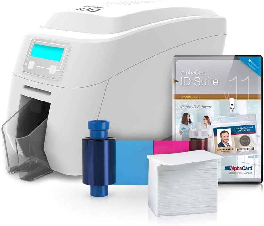 Magicard 300 ID Card Printer System w/ 300 Print YMCKO Ribbon, 300 Premium PVC AlphaCard Cards, and AlphaCard ID Suite Software (PC) (Single Sided, PVC Cards)