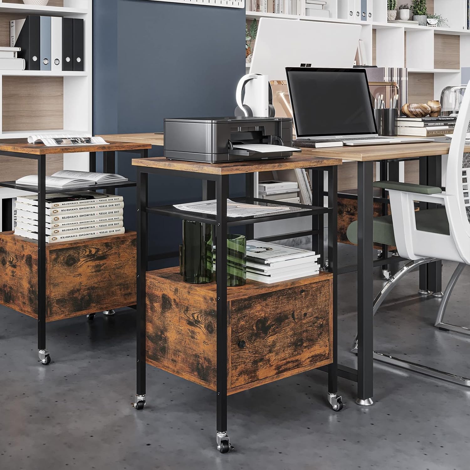 VIAGDO Home Printer Stand with Storage Shelves, 4-Tier Printer Cart on Wheels, Rolling Printer Table Stand for Home Office Small Spaces Organization, Industrial Style, Rustic Brown and Black