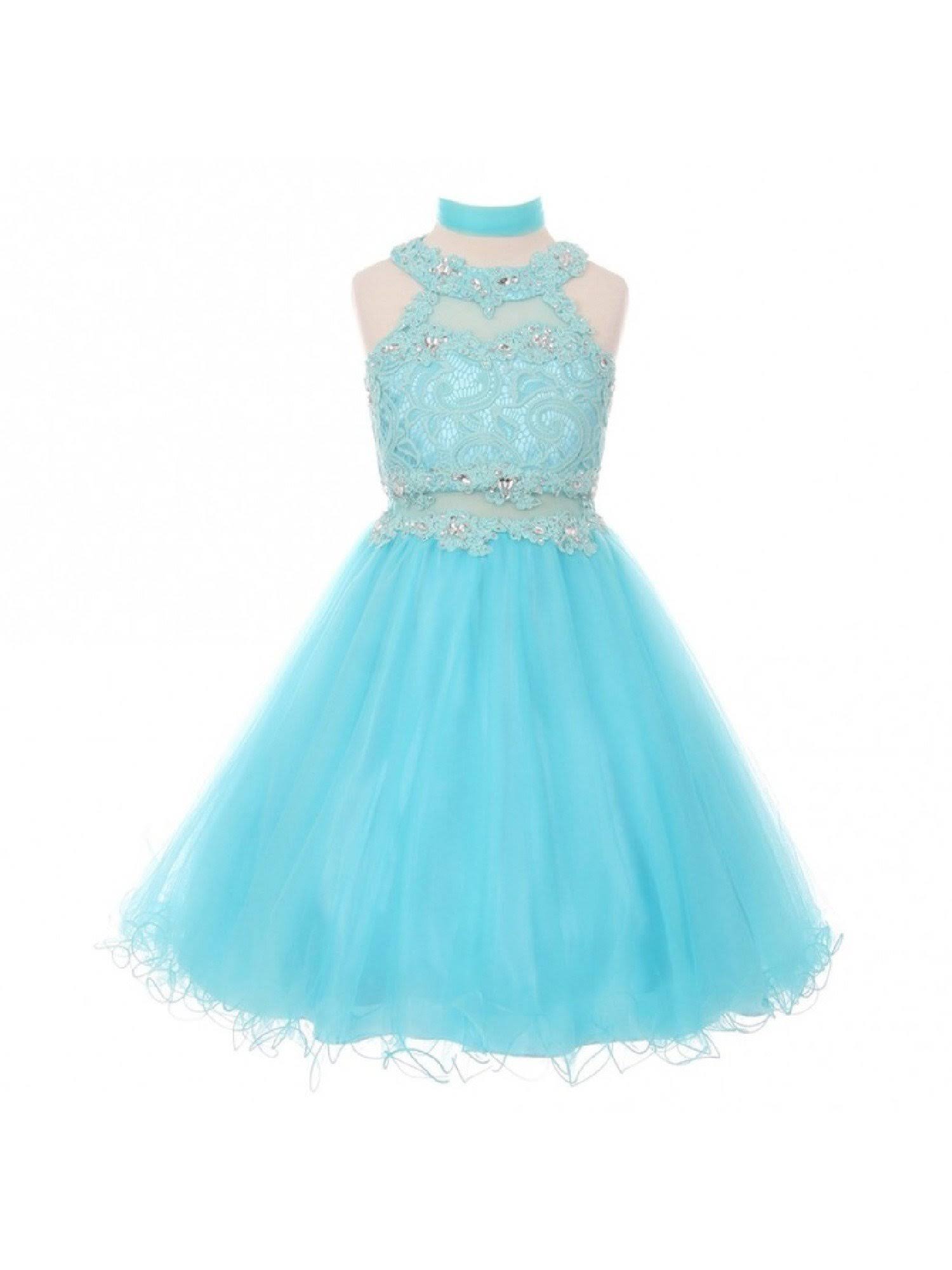 Cinderella Couture Big Girls Aqua Rhinestone Halter Neck Lace Tulle Junior Bridesmaid Dress 12