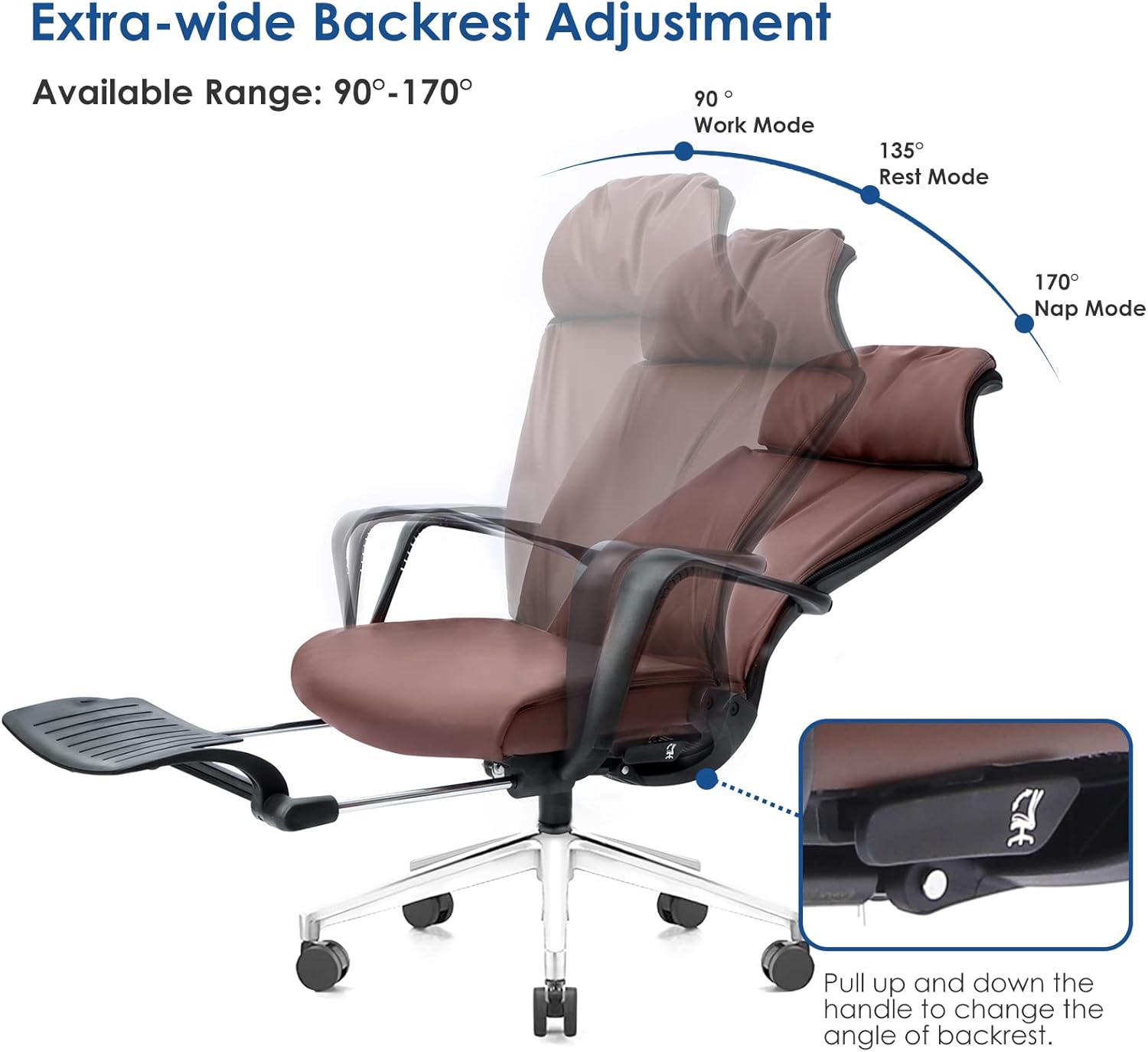 Adjustable Executive Office Chair with Foot Rest, Faux Leather Reclining Office Desk Chair with Lumbar Support, Ergonomic Office Chair, Leather Office Chair with 90-180 Degree Backrest