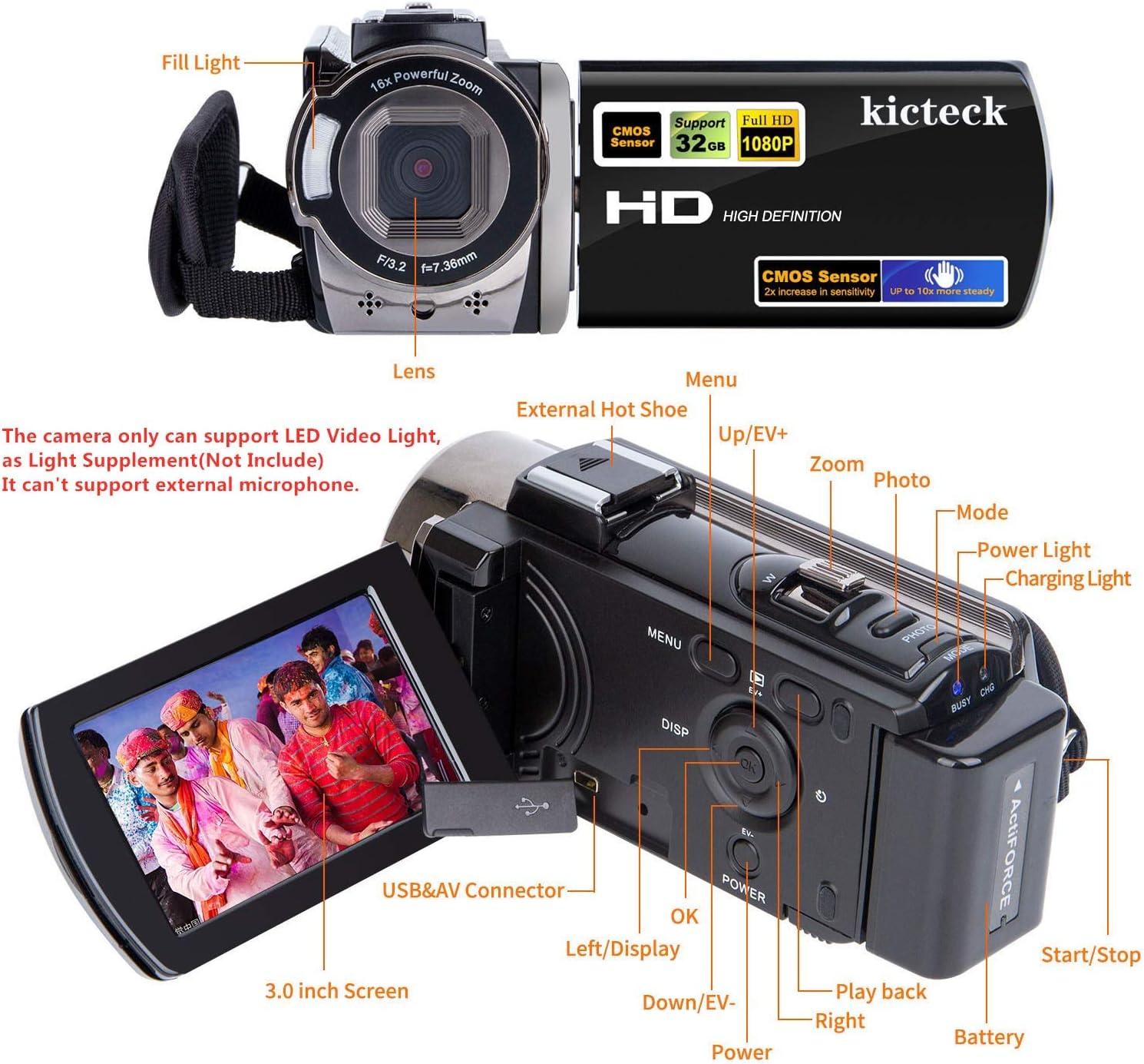 Video Camera Camcorder Digital Camera Recorder kicteck Full HD 1080P 15FPS 24MP 3.0 Inch 270 Degree Rotation LCD 16X Zoom Camcorder with 2 Batteries(604s) Pack of 2