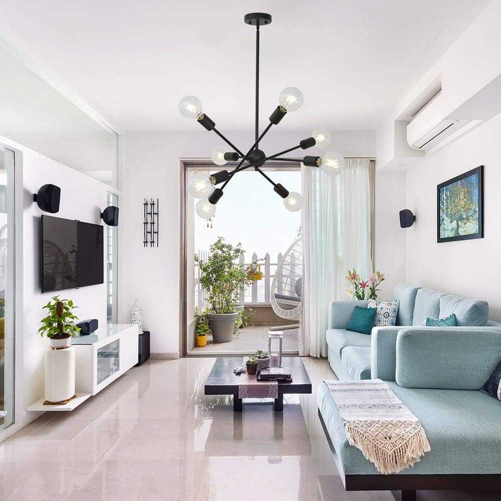 BONLICHT Mid Century Large Chandelier 10 Lights Black and Brushed Nickel Modern Pendant Lighting Industrial Sputnik Flush Mount Ceiling Light Fixture with Adjustable Arms for Living Room Dining Room