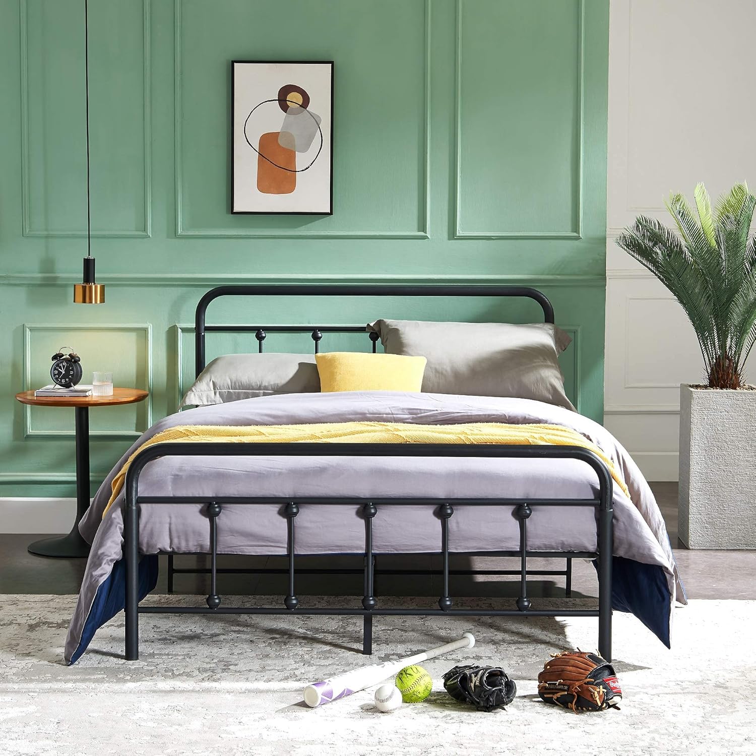 H HESTINYSUS Metal Bed Frame with Vintage Headboard and Footboard, Premium Stable Steel Slat Support Mattress Foundation, No Box Spring Needed and Easy Assembly, Gray Black (Queen)