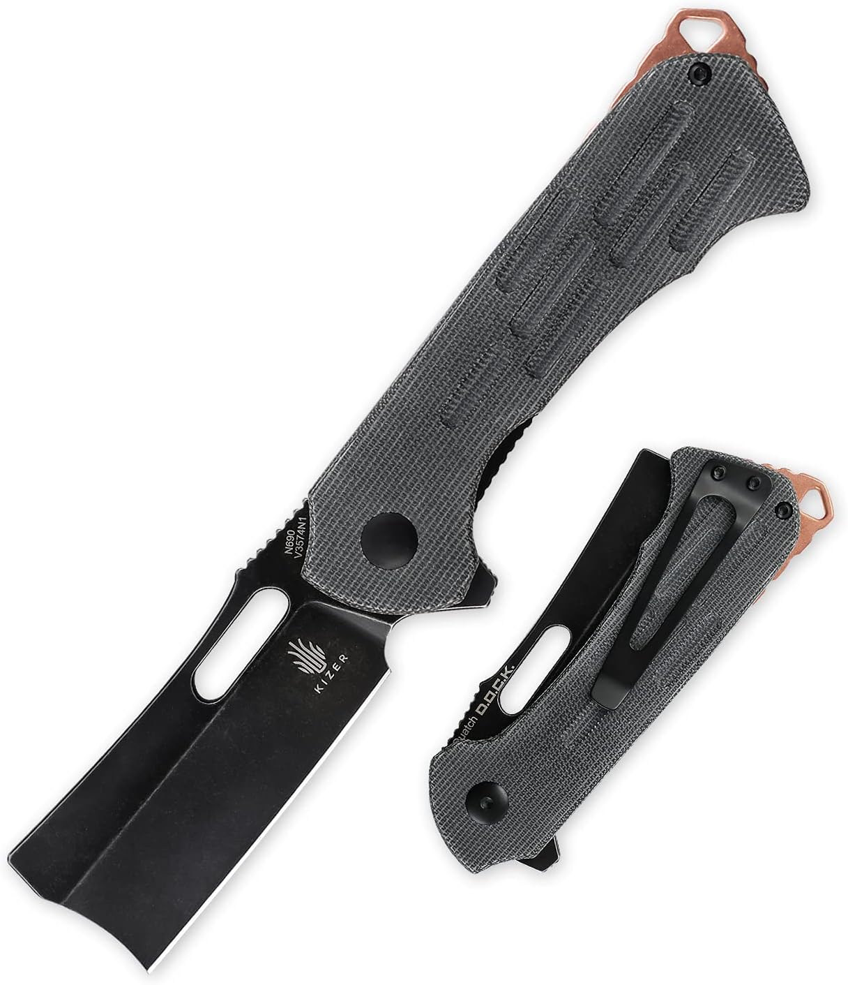 Kizer Quatch Folding Knife , Black N690 Blade and Micarta Handle, Cleaver Pocket Knife with Pocket Clip, Lanyard Hole, V3574N1