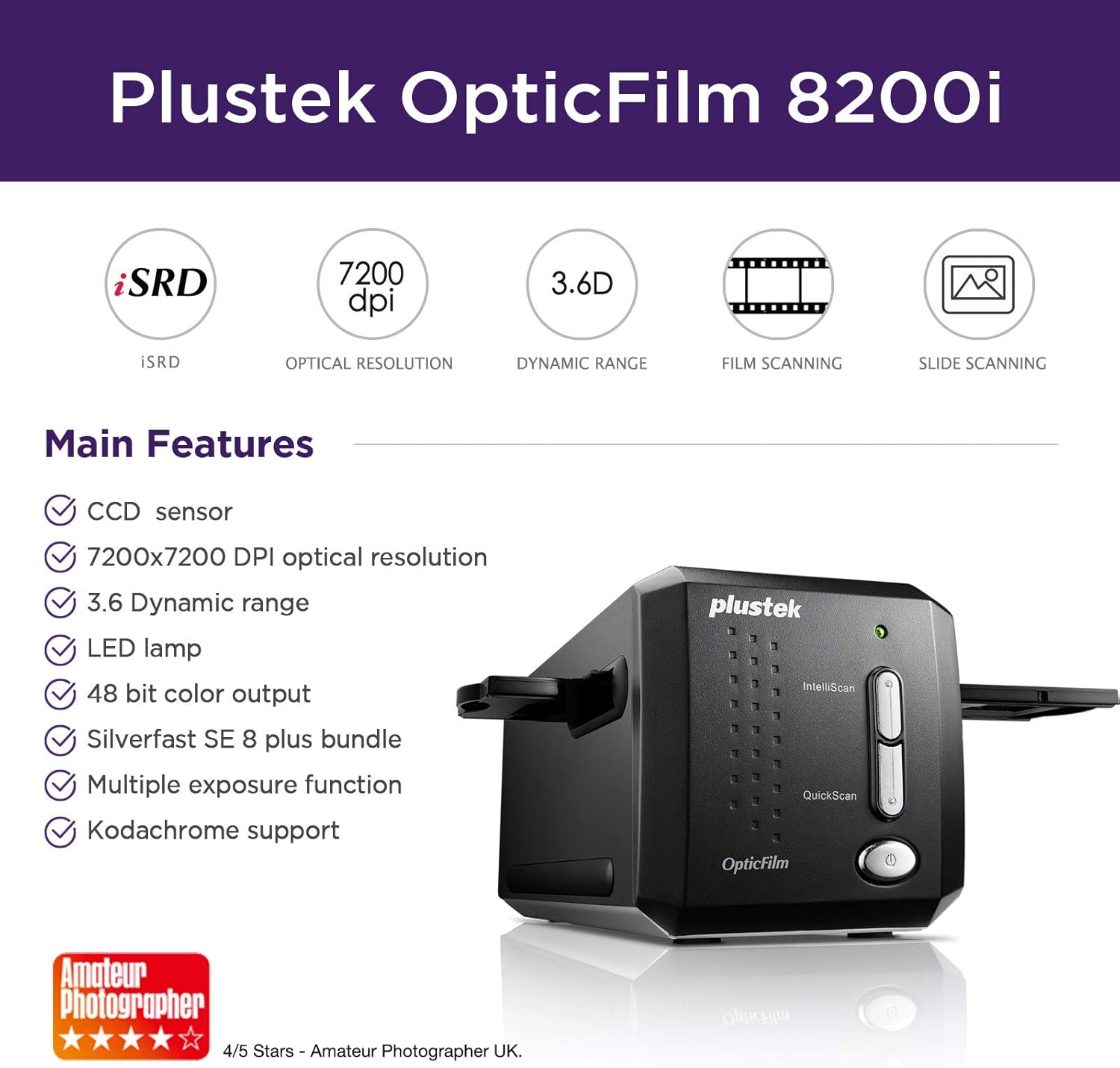 Plustek OpticFilm 8200i SE , 35mm Film & Slide Scanner. 7200 dpi / 48-bit Output. Integrated Infrared Dust/Scratch Removal. Bundle Silverfast SE Plus 8.8 , Support Mac and PC.