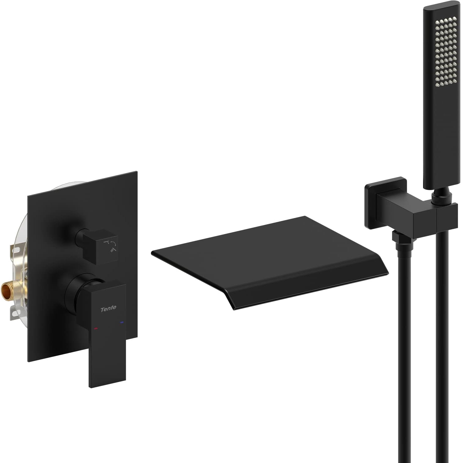 Tenfe Wall Mount Bathtub Faucet, Waterfall Tub Faucet with Handheld Shower System, Matte Black Shower Faucet Combo Set with High Flow Tub Spout, Single Handle Brass Bath Tub Filler