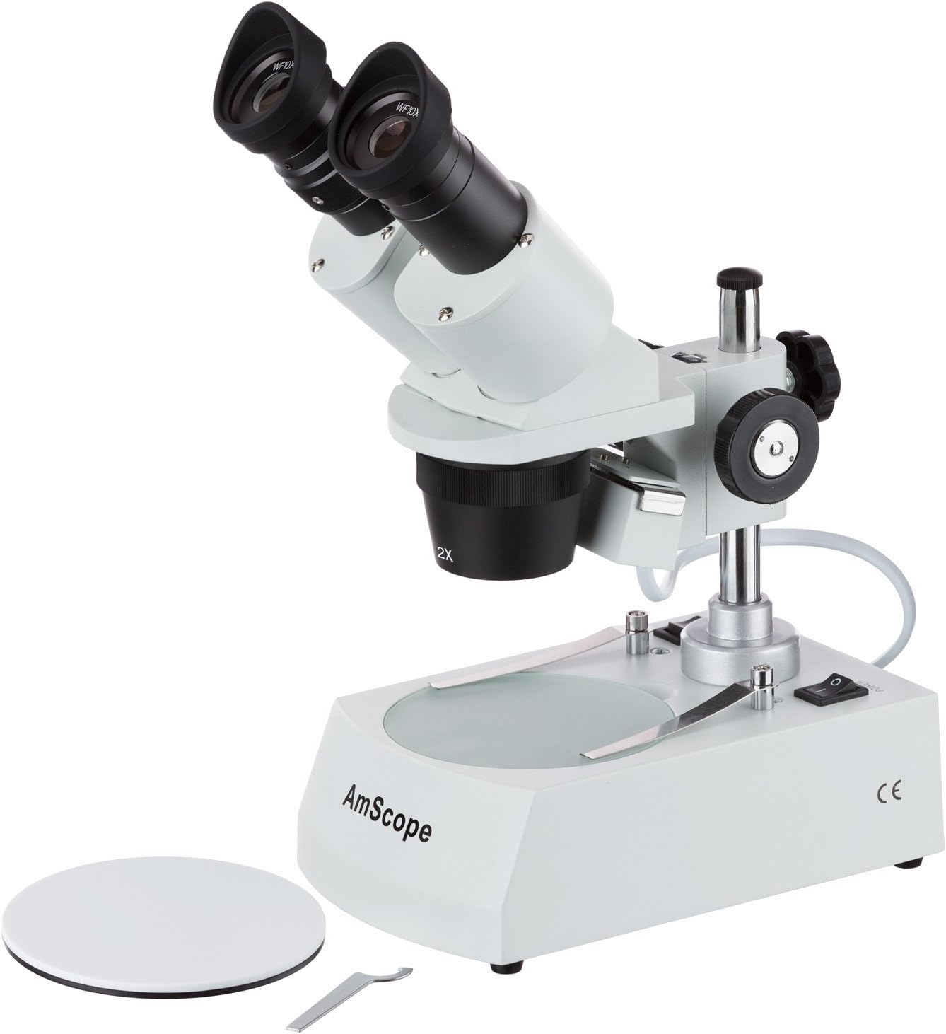 AmScope SE306R-P Forward-Mounted Binocular Stereo Microscope, WF10x Eyepieces, 20X and 40X Magnification, 2X and 4X Objectives, Upper and Lower Halogen Lighting, Reversible Black/White Stage Plate, Pillar Stand, 120V