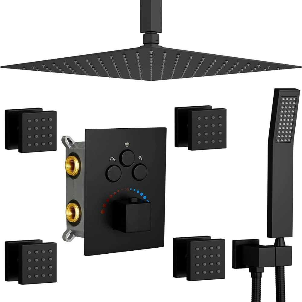 WHSHOWER 16 Inch Rain Shower Fixtures Thermostatic Shower Head System with Body Jets Ceiling Mounted Brass Shower Faucet Combo Can Use All Options at A Time (Matte Black)
