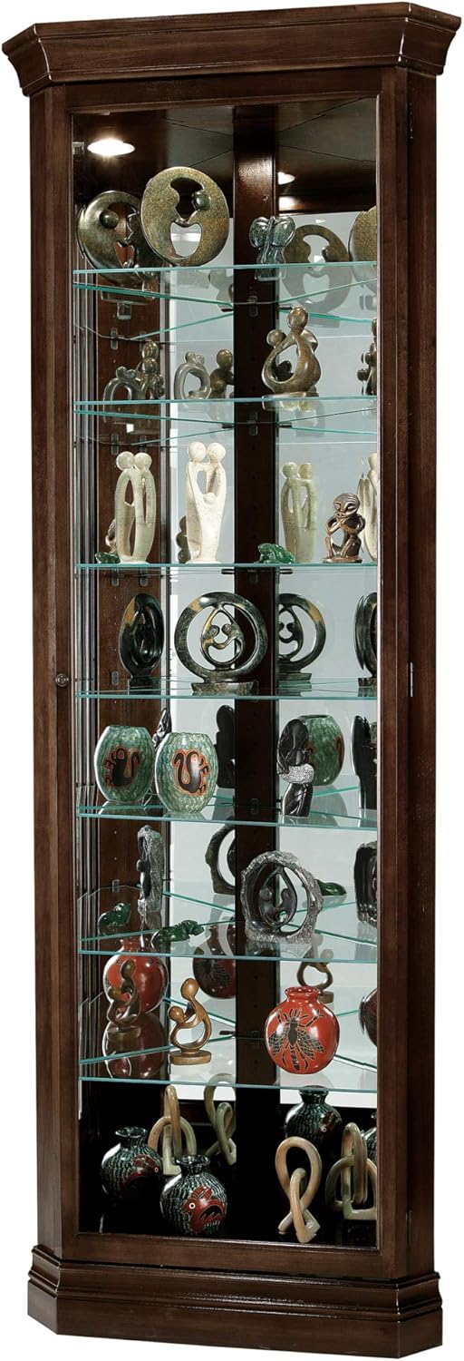 Howard Miller Dustin Curio Cabinet 680-484 &ndash; Espresso Finish, Vertical Home Decor, Seven Glass Shelves, Eight Level Display Case, Locking Door, No Reach Light