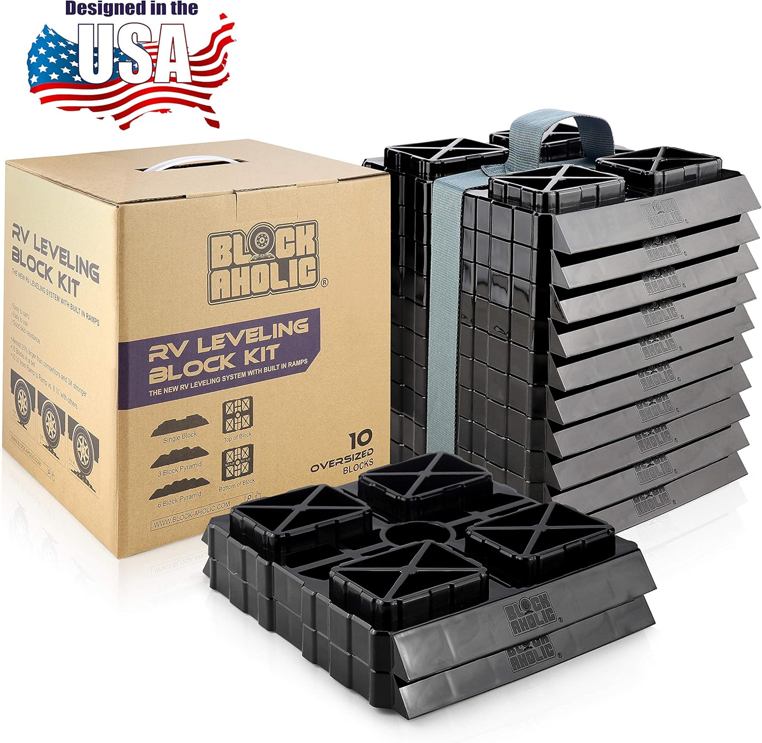 Blockaholic - RV Leveling Blocks - Pads with Built-in Ramps and Quick Release Carrying Strap - Heavy Duty and Extra Large Pack of 2