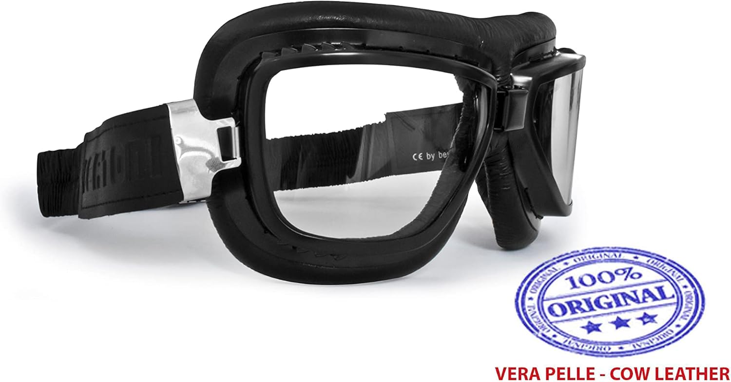Bertoni Motorcycle Vintage Goggles that Fit over Glasses Real Black Calfskin Leather Black Steel Profile Antifog and Anticrash Lenses by Bertoni Italy AF194A