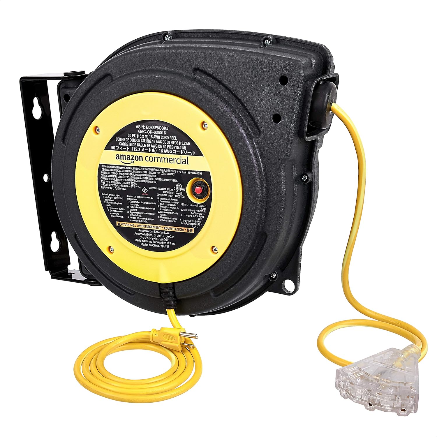 AmazonCommercial Extension Cord Reel Retractable Heavy Duty 16AWG x 50' Glow Strip Cable and LED Light-Up Triple Tap Connector, Squid Ink, Daisy, 15.1x6.4x10 (GAC-CR-635016)