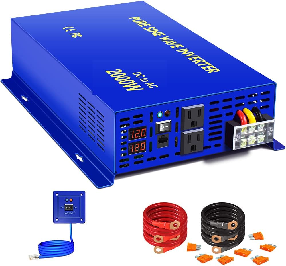 XYZ INVT 2000W Pure Sine Wave Inverter - 12V DC to AC 120V with 15ft Remote Controller, Surge Power 4000w, Power Converter for Solar System, Off Grid. (2000W 12V/Remote)
