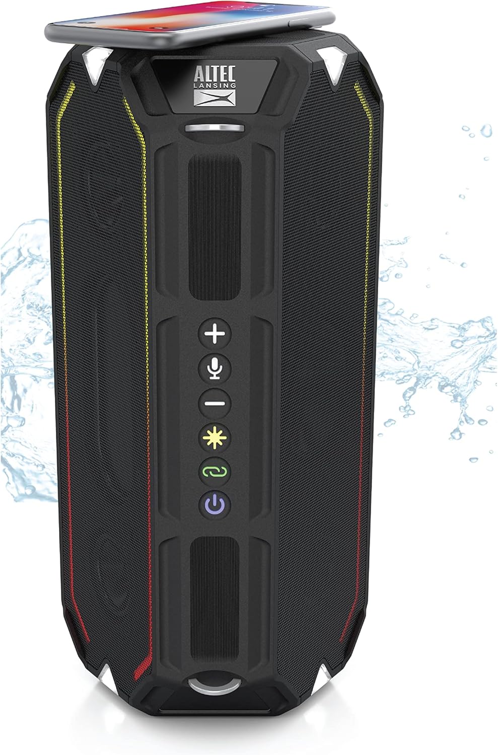 Altec Lansing HydraShock Bluetooth Speaker USB Type-C Rechargeable Portable Speaker Wireless Charger for Phone, Stereo Speaker w/LED Lights for Pool Beach Hiking Camping, 20 Hour Playtime (Black)