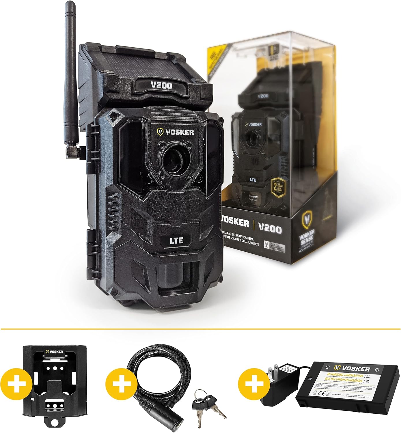 Vosker V200 | Cellular Security Camera | Security Pack | Mobile Phone Photo Notifications | LTE Wireless Built-in Solar Panel | Weatherproof, No Wi-Fi Required | HD Surveillance Cameras