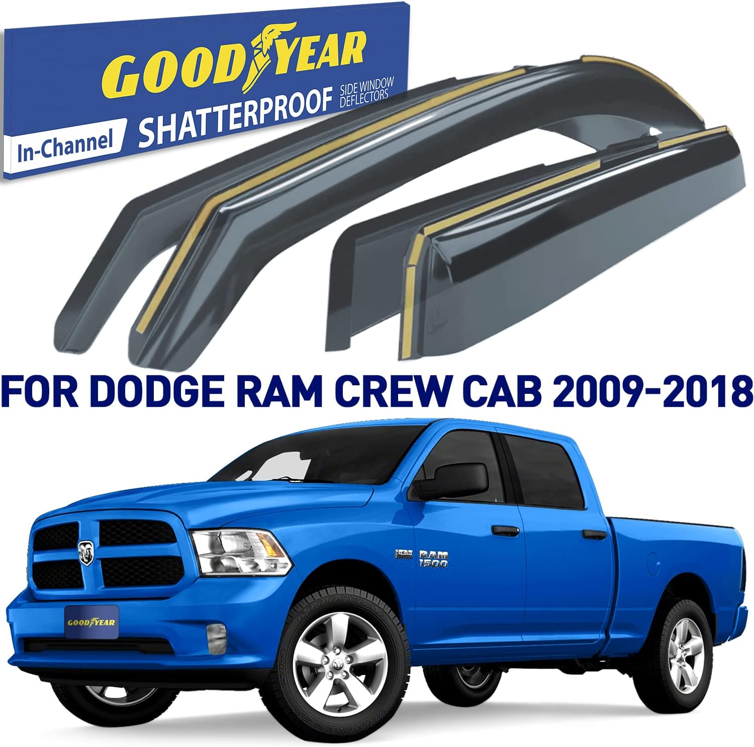 Goodyear Shatterproof in-Channel Window Deflectors for Trucks Dodge RAM 2009-2018 Crew Cab 1500 2500 3500, Rain Guards, Window Visors for Cars, Vent Deflector, Truck Accessories, 4 pcs- GY003404