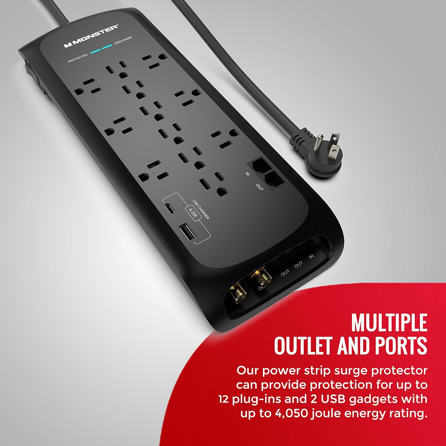 Monster Power Strip Surge Protector with USB Ports - Heavy Duty Protection for 12 Plug-ins and 2 USB Gadgets - for Computers, Home Theatre, Home and Office Appliance, 12-Outlet with USB-C, USB-A Pack of 2