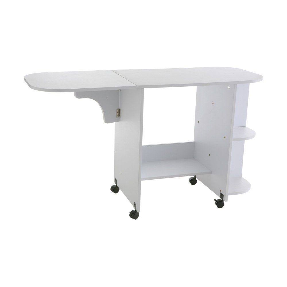 Rolling Sewing Machine Craft Table Drop Leaf White Folding Desk Storage Shelves
