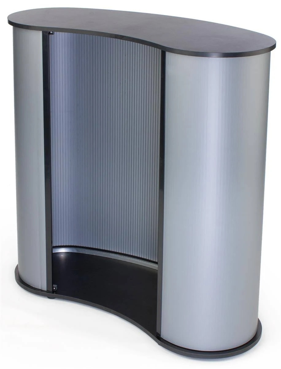 Displays2go Portable Podium Counter with Kidney Bean Shape, Counter Top with Satin Gray Sidewalls - No Tools Required, Black