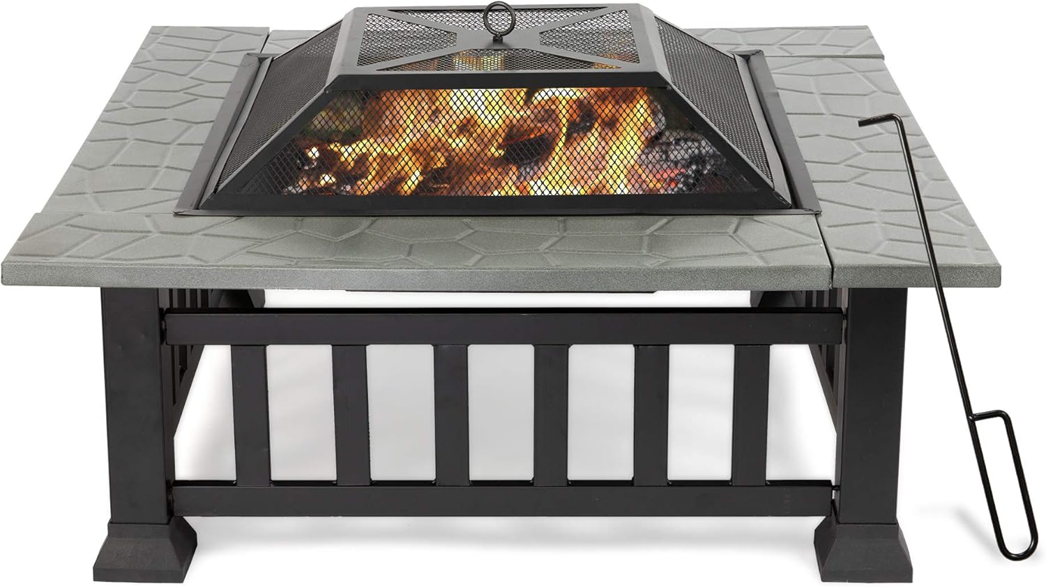 LUCKYERMORE Outdoor Fire Pit 32&rdquo; Square Wood Burning Firepit w/BBQ Grill, PVC Rain Cover, Log Grate and Poker, for Backyard, Camping, Picnic, Bonfire, Garden
