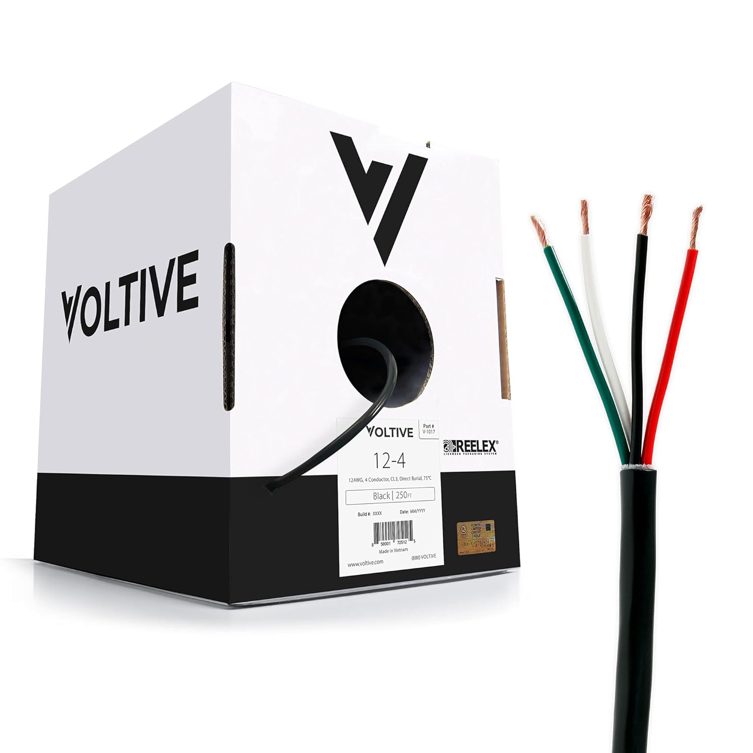 Voltive 12/4 Speaker Wire - 12 AWG/Gauge 4 Conductor - UL Listed in Wall (CL2/CL3) and Outdoor/In Ground (Direct Burial) Rated - Oxygen-Free Copper (OFC) - 250 Foot Bulk Cable Pull Box - Black