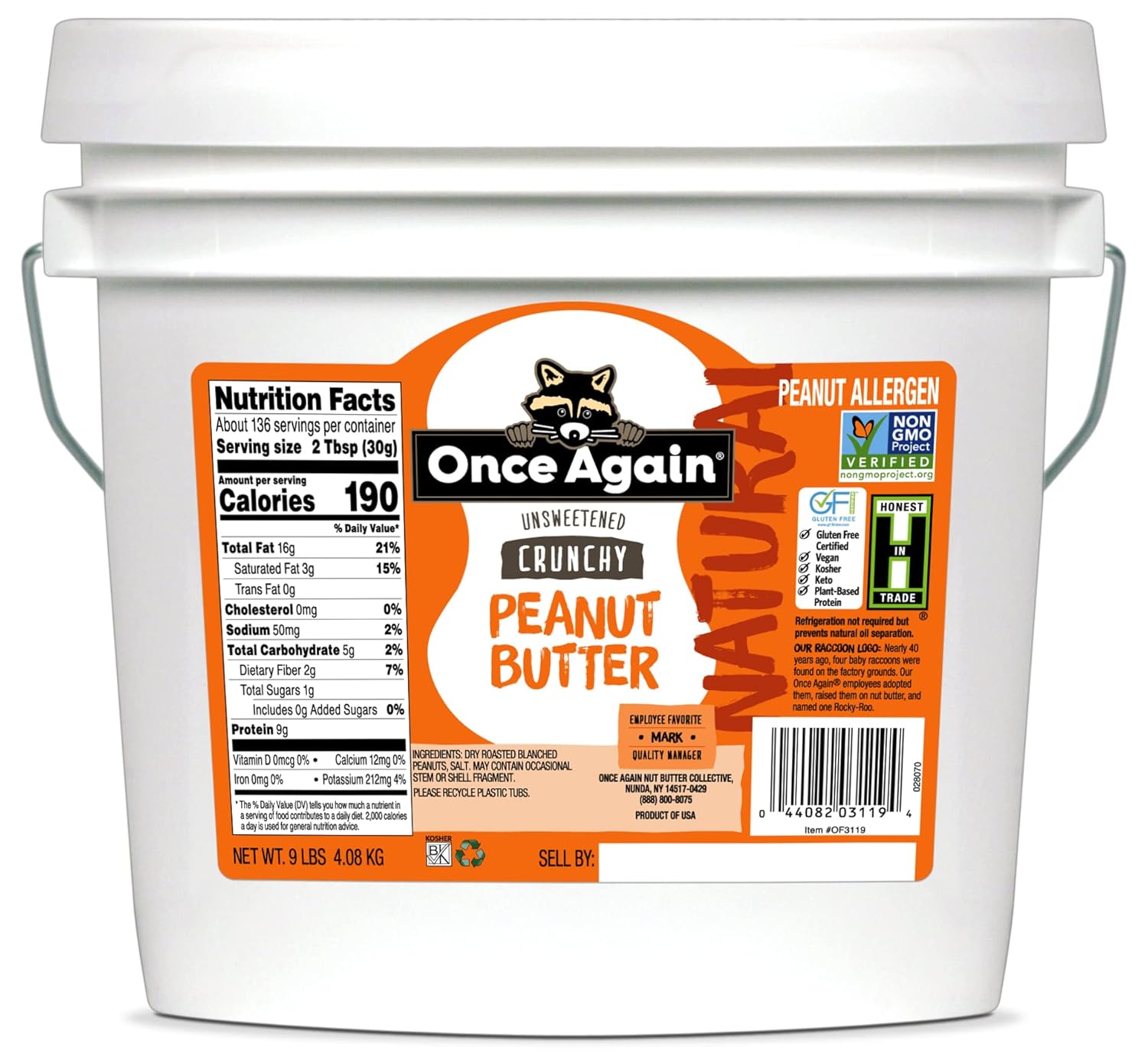 Once Again Natural, Crunchy Peanut Butter, 9lb Bucket - Lightly Salted, Unsweetened - Gluten Free Certified, Vegan, Kosher, Non-GMO Verified Pack of 2