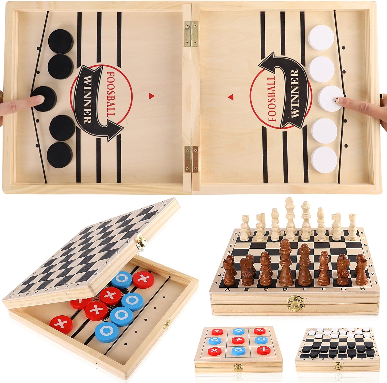 Sling Puck Game, Chess Checkers Game Set, 4 in 1 Board Game, Fast Hockey Table Game, Tic Tac Toe Slingshot Chess Set for Kids Pack of 2