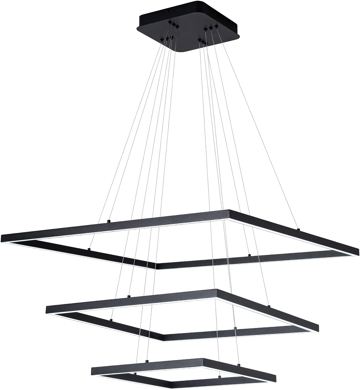 MADEM Modern Square LED Pendant 3 Ring Chandeliers Dimmable Pedant Light Adjustable Pendant Ceiling Light Fixture for Living Dining Room,Bedroom, 6000K Cool White, 130W Black