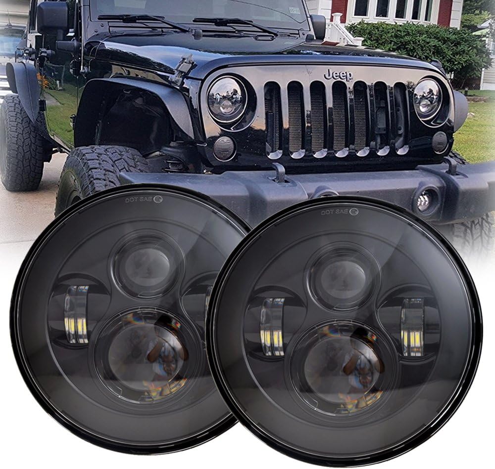 LX-LIGHT 7'' Round Black Cree LED Headlight High Low Beam Compatible with Jeep Wrangler JK TJ LJ CJ Hummber H1 H2 (Pair)