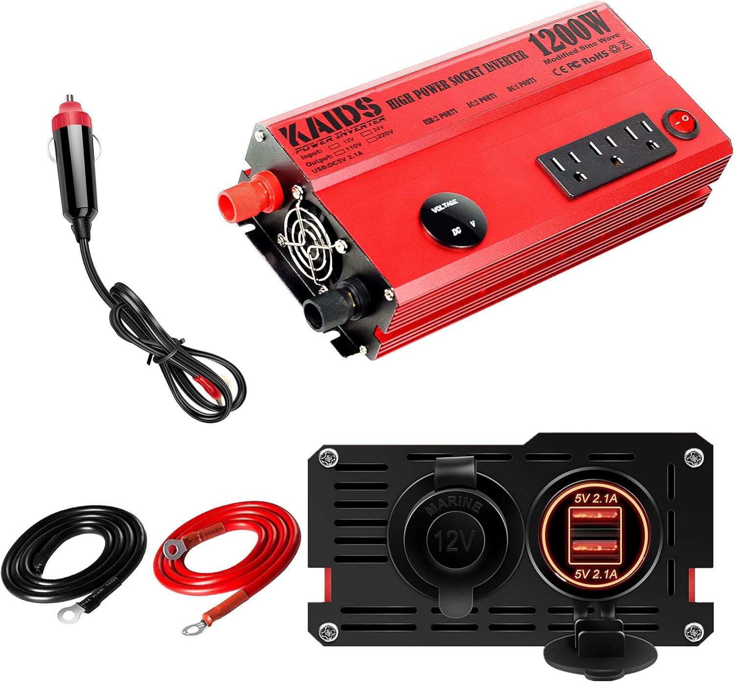 KAIDS Full Power 1200W Car Power Inverter DC 12V to 110V AC Car Inverter USB Ports Charger Adapter Car Plug Converter with Switch and Current LED Screen (1200w)