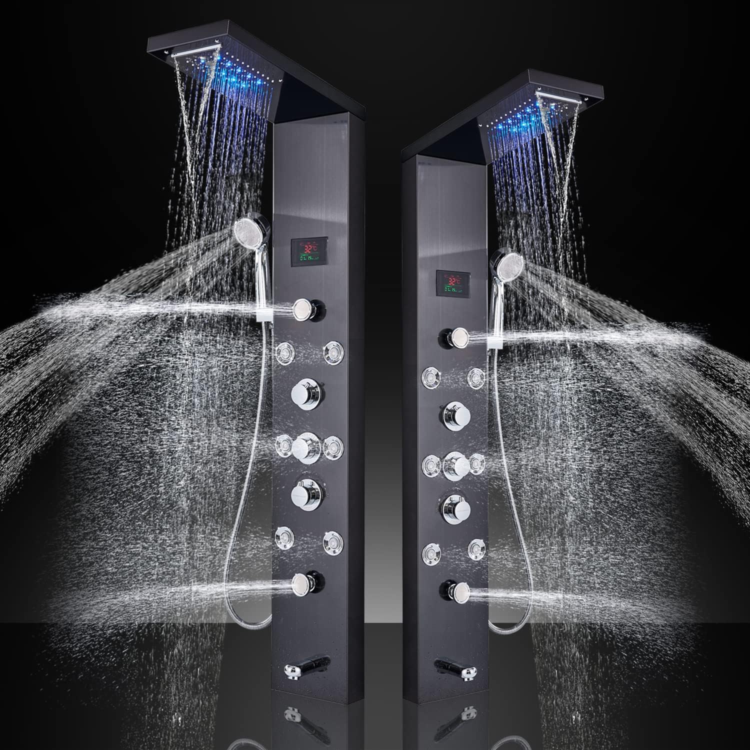 Zovajonia LED Shower Panel Tower System Stainless Steel 5-IN-1 Shower Column Black Rainfall Waterfall Shower Head Rain Massage Shower Tower