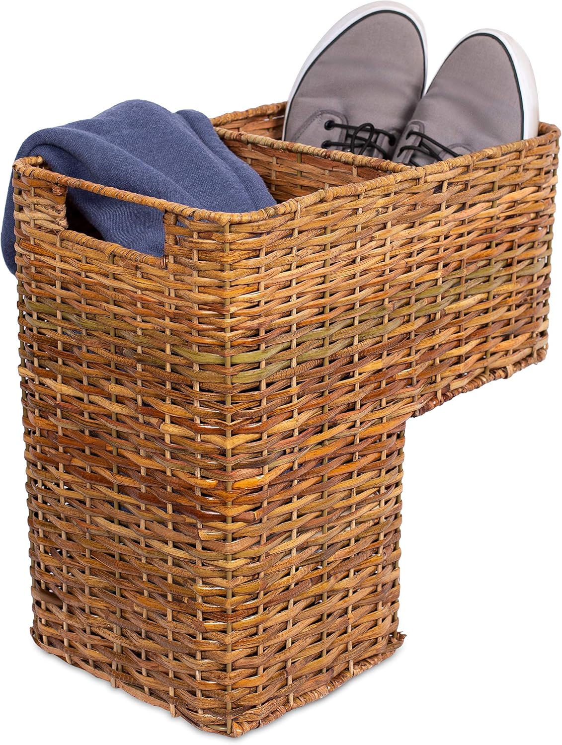 BIRDROCK HOME Stair Basket for Staircases - Wicker Woven Storage Bin for Stairs - Natural Brown Organizer Baskets - Cut Out Handles - Reduce Clutter Pack of 2