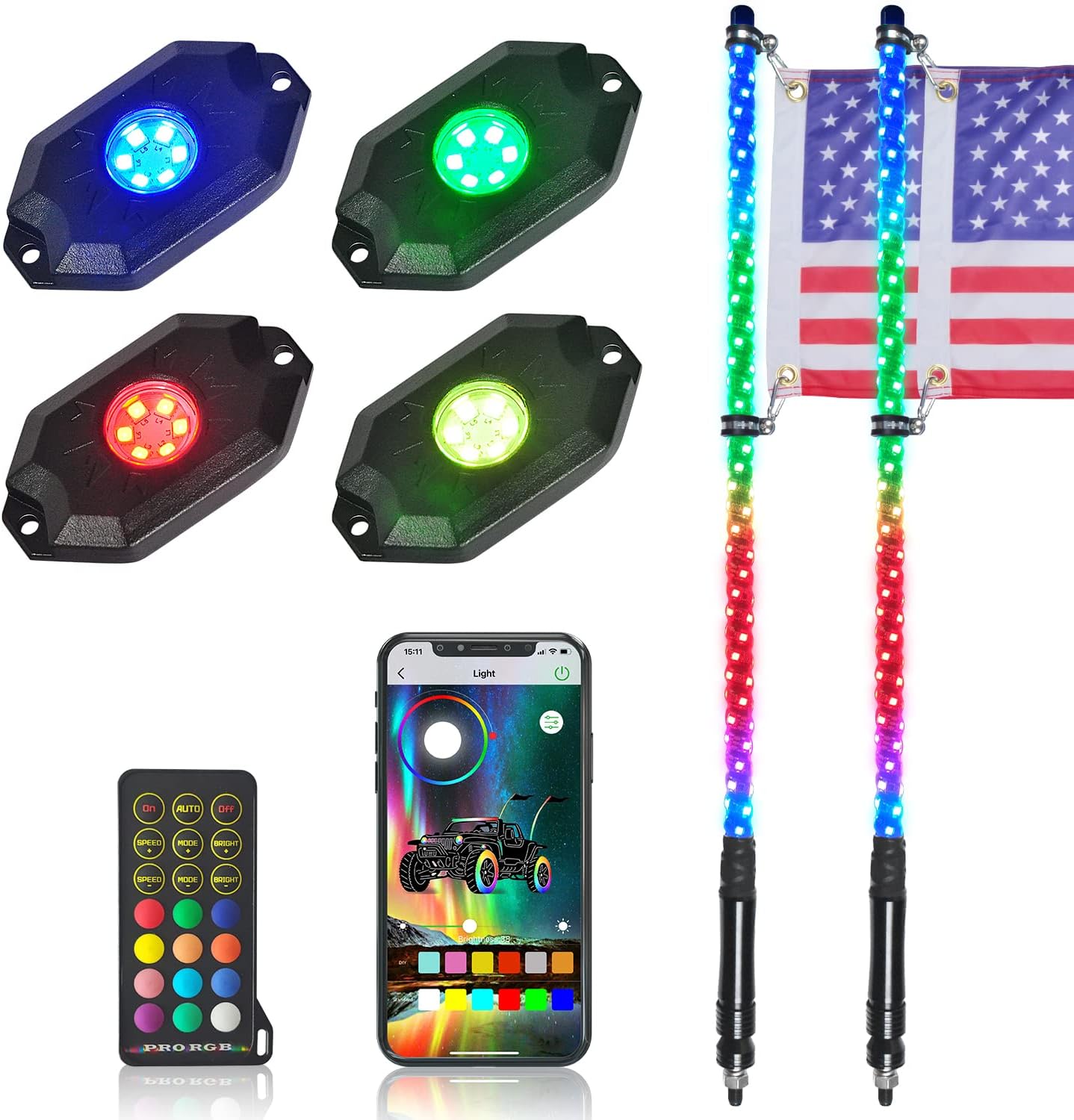 OHMU 2Pcs 4FT LED Whip Lights and 3rd-Gen Rock Lights Package with Bluetooth and Remote Control 360&deg; Spiral Chase RGB Neon Offroad Warning Lighted Antenna Whips and Rocks