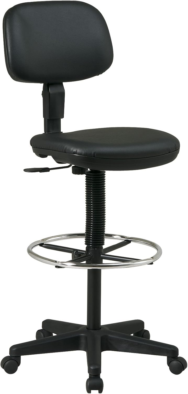 Office Star Sculptured Vinyl Seat and Back Pneumatic Drafting Chair with Adjustable Chrome Foot ring, Black
