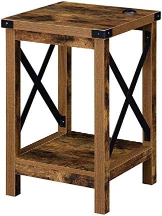 Pemberly Row End Table with Charging Station in Nutmeg Barnwood and Black Metal