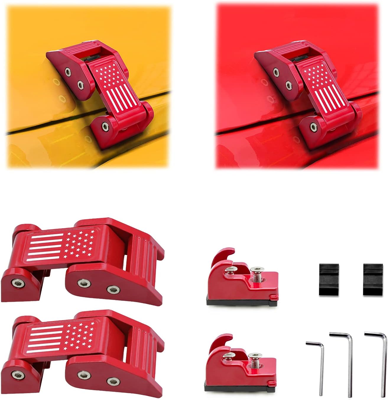Aluminum Hood Latch Kit for 2007-2018 Jeep Wrangler JK JKU and 2018-2020 Jeep Wrangler JL JLU, Jeep Gladiator JT, Jeep Wrangler Accessory Jeep Wrangler Hood Latch Flag Red 1 Pair