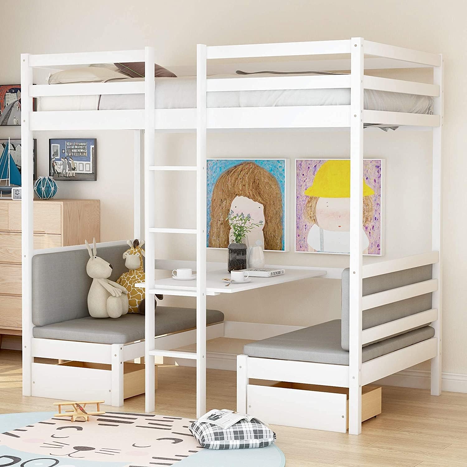 COODENKEY Twin-Over-Twin Bunk Bed for Kids/Teens with Trundle and 3 Storage Drawers, Bedroom/Guest Room Furniture, Space-Saving Design, White