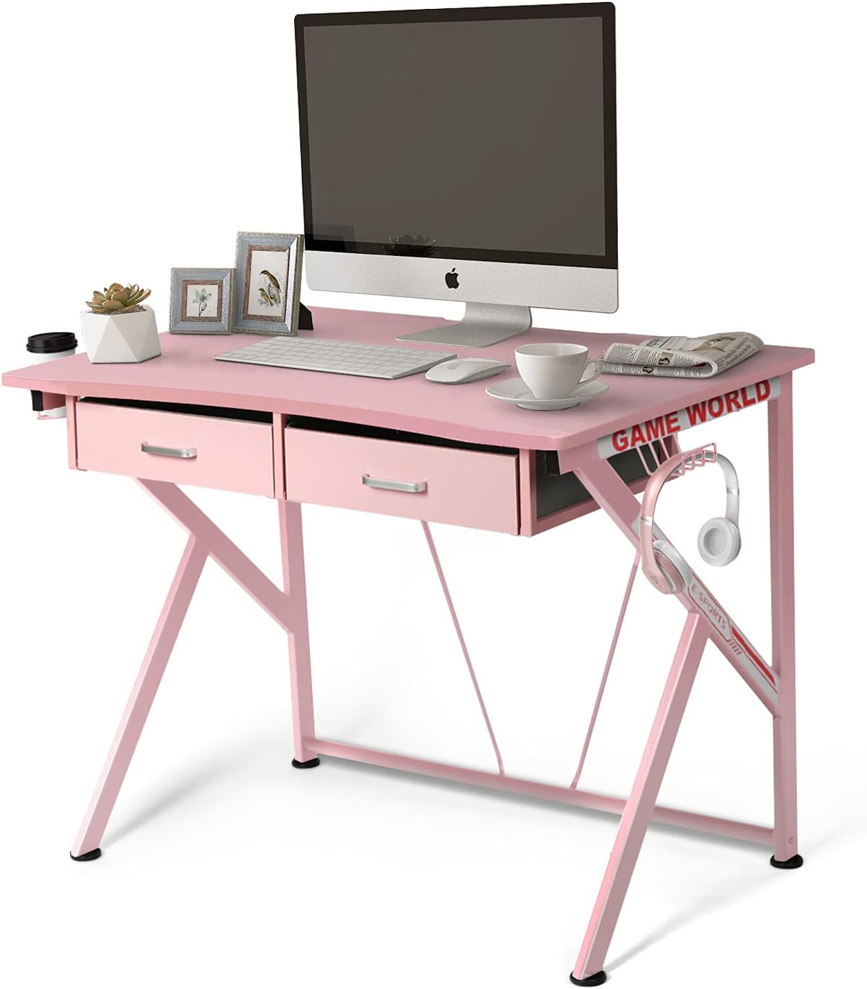 Ergonomic Gaming Desk – 42” K Shaped Computer Table for Home Office Gamer Workstation with 2 Headphone Hooks and Cable Management (Black)