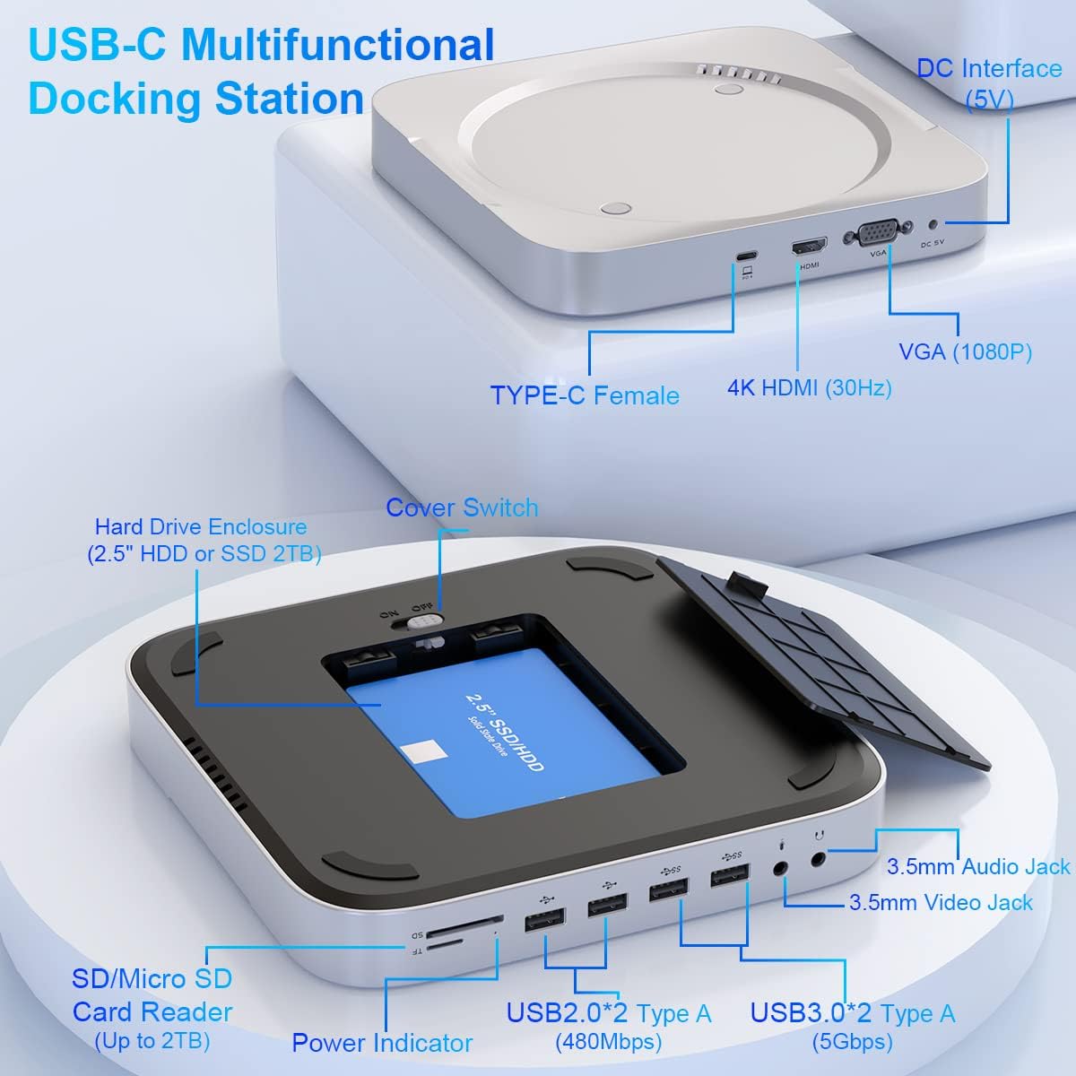 Mac Mini Dock with Hard Drive Enclosure,12 in 1 USB-C Docking Station for Mac Mini M1with HDMI,VGA,SSD/HDD Slot,USB 3.0,USB 2.0,TF/SD Card Solt,Video/Audio Jack Compatible with 2018/2020 Mac Mini Dock