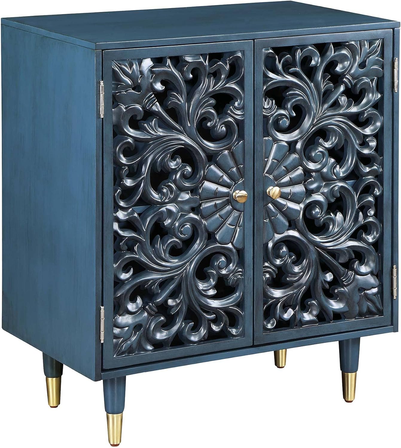 LALUZ Double Door Accent Storage Cabinet Buffet Cabinet Sideboard for Living Room Modern Hollow Carved Wood, Blue 30 Inch