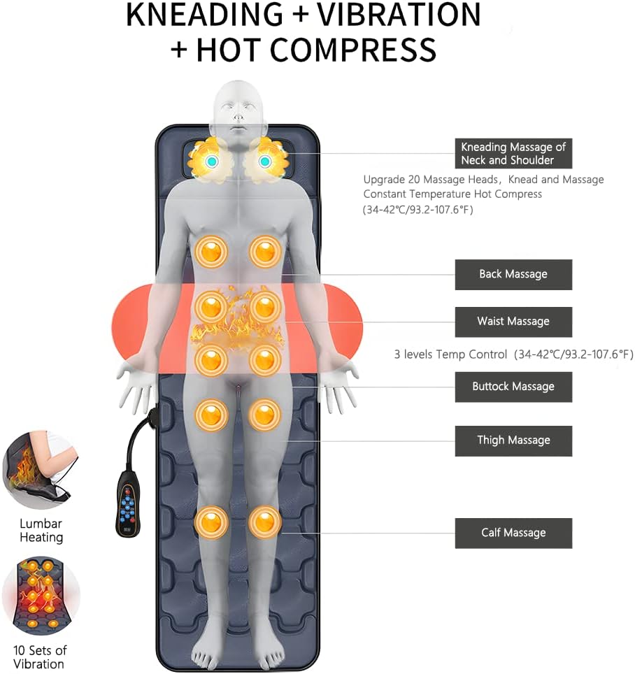 Massage Pad with Heat 12 Vibration Motors Mattress with Pillow Full Body Heating Massage Mat Whole Body Massager Pad for Neck and Back, Lumbar Calf Muscle Relaxation 5 Timer 10/15/20/25/30 Min