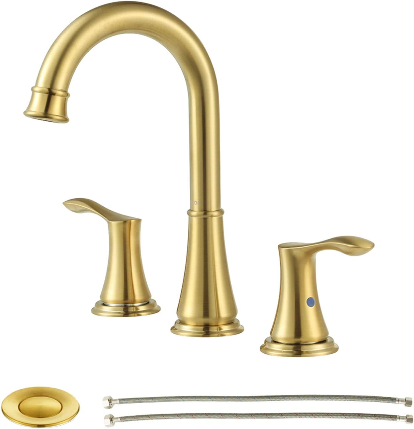 Black Widespread Bathroom Faucet with Metal Pop Up Drain & Faucet Supply Hoses by PARLOS