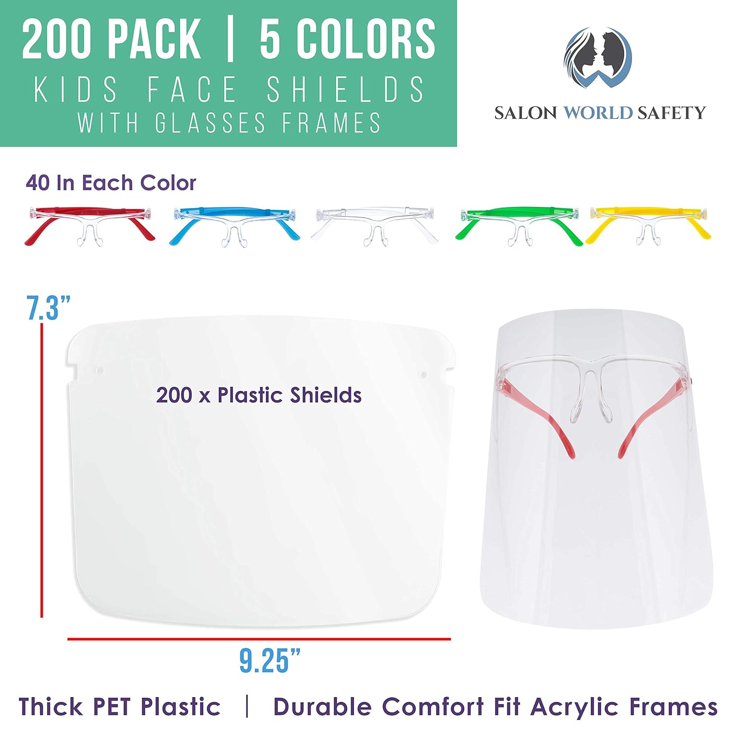 TCP Global Salon World Safety 200 Kids Face Shields with Glasses Frames (20 Packs of 10) - 5 Colors, 40 Each - Protective Children's Full Face Shields to Protect Eyes Nose Mouth - Anti-Fog PET Plastic
