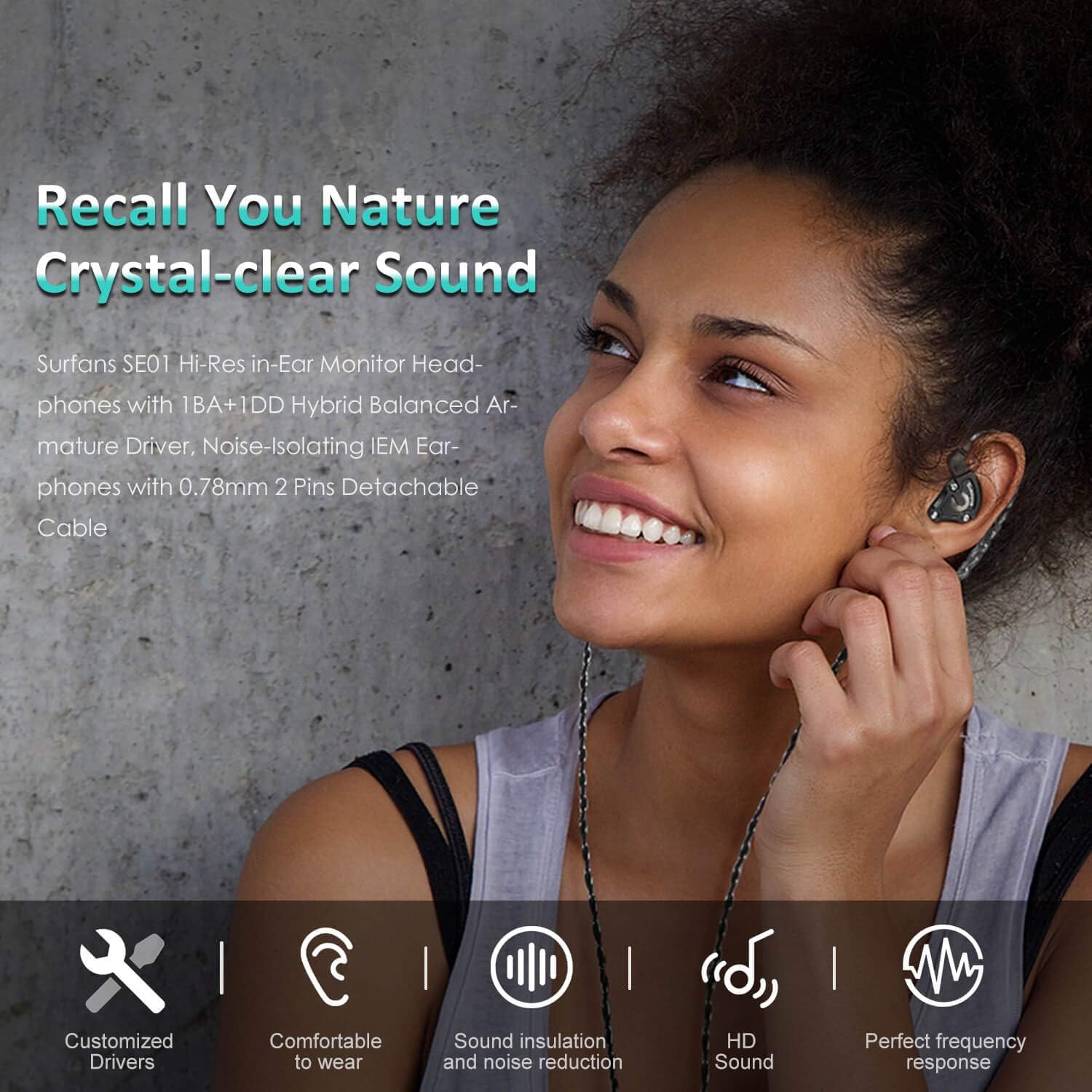 Surfans SE01 IEM Headphone, High-Res Lossless Hybrid Driver Bass in Ear Monitors Earphone, Noise Isolating Wired Earbuds with 0.78mm 2pin Detachable Cable Pack of 2