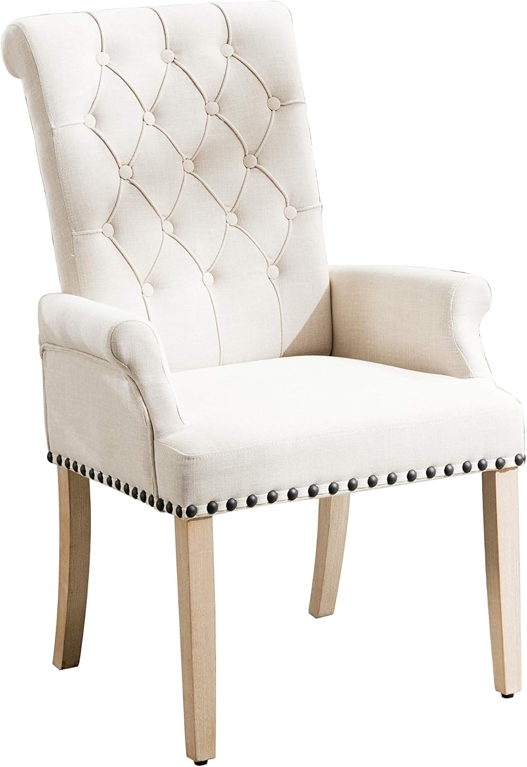 Accent Dining Chair Tufted Fabric Nail Head Decorated Solid Wood Set (Beige)