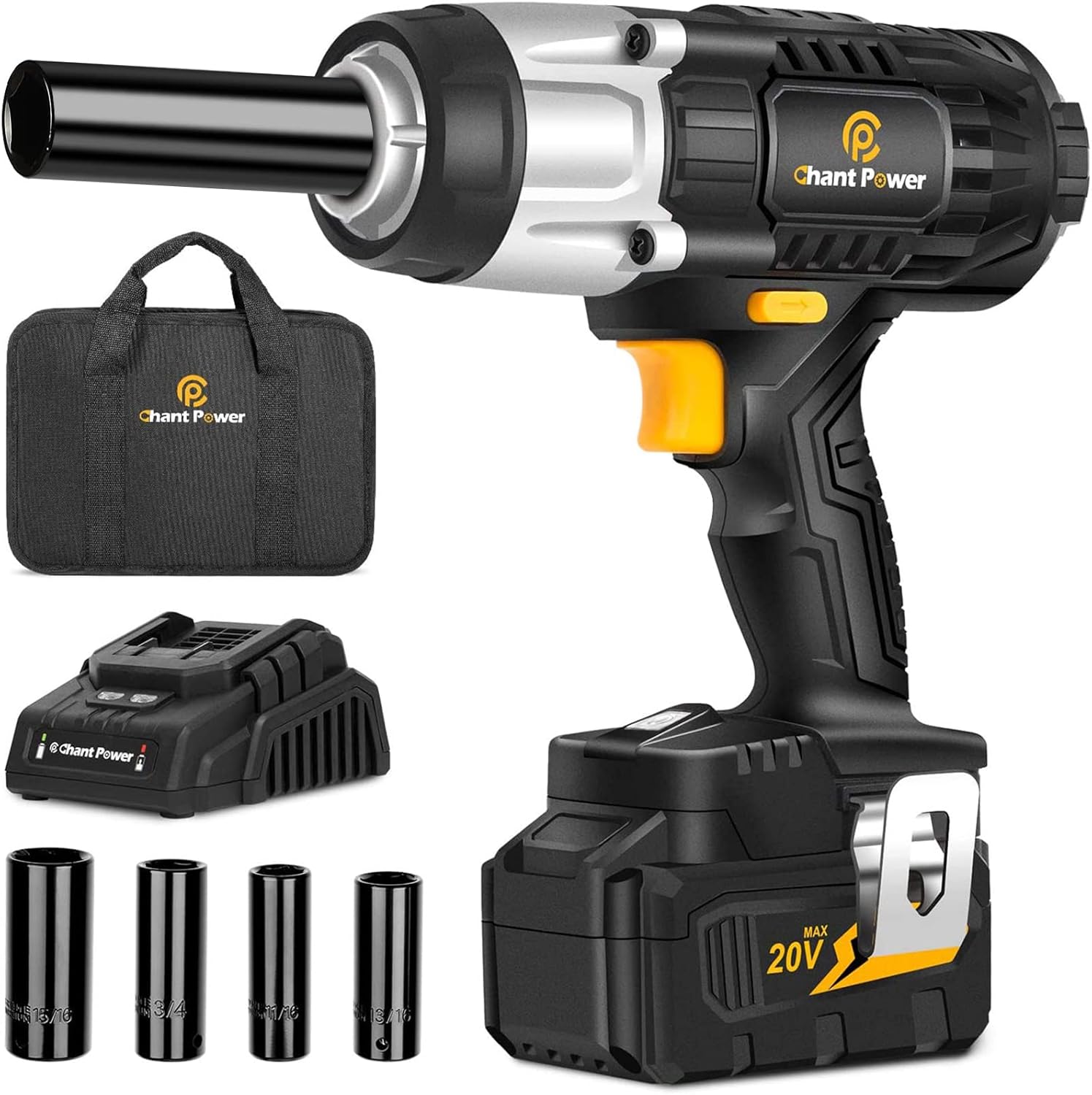 20V Cordless Impact Wrench with 1/2&rdquo; Chuck, Strong Motor Max Torque 450N.m, 4.0Ah Lithium-ion Battery, Variable Speed, 4PCS Sockets, Fast Charger and Tool Bag Included, C P CHANTPOWER