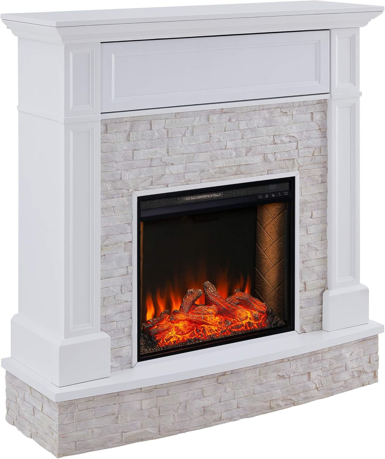 SEI Furniture Jacksdale Faux Stone Accent Alexa-Enabled Electric Hidden Media Shelf Fireplace, White