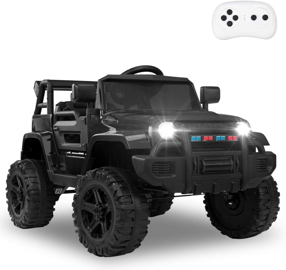 JOYMOR Ride on Truck with Remote Control, 4 Wheels 12V Battery Powered Kids Car, with LED Headlight/Horn Button/ MP3 Player/USB Port/ Forward Backward/Kids Girl Boy (Black)